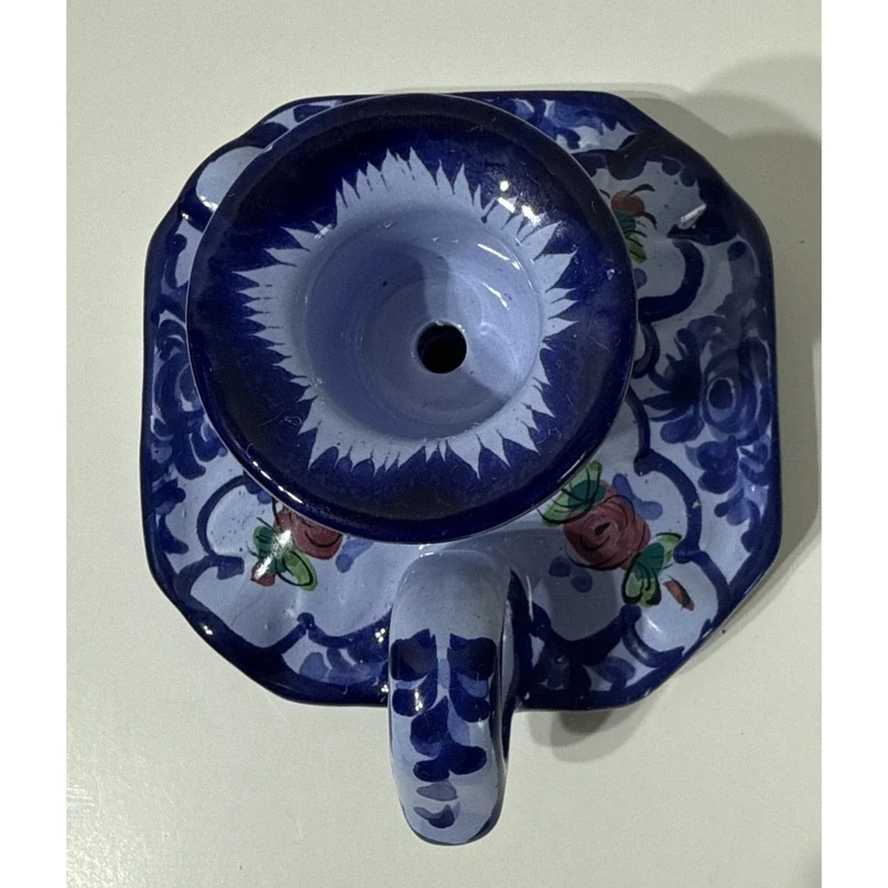 Vintage Portugal Hand Painted Ceramic Single Candle Holder Signed Handpainted‎